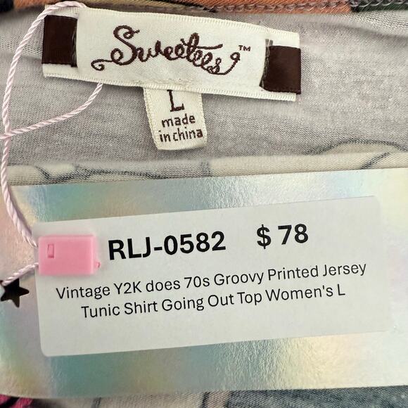 Vintage Y2K does 70s Groovy Printed Jersey Tunic Shirt Going Out Top Women's L - Picture 5 of 5